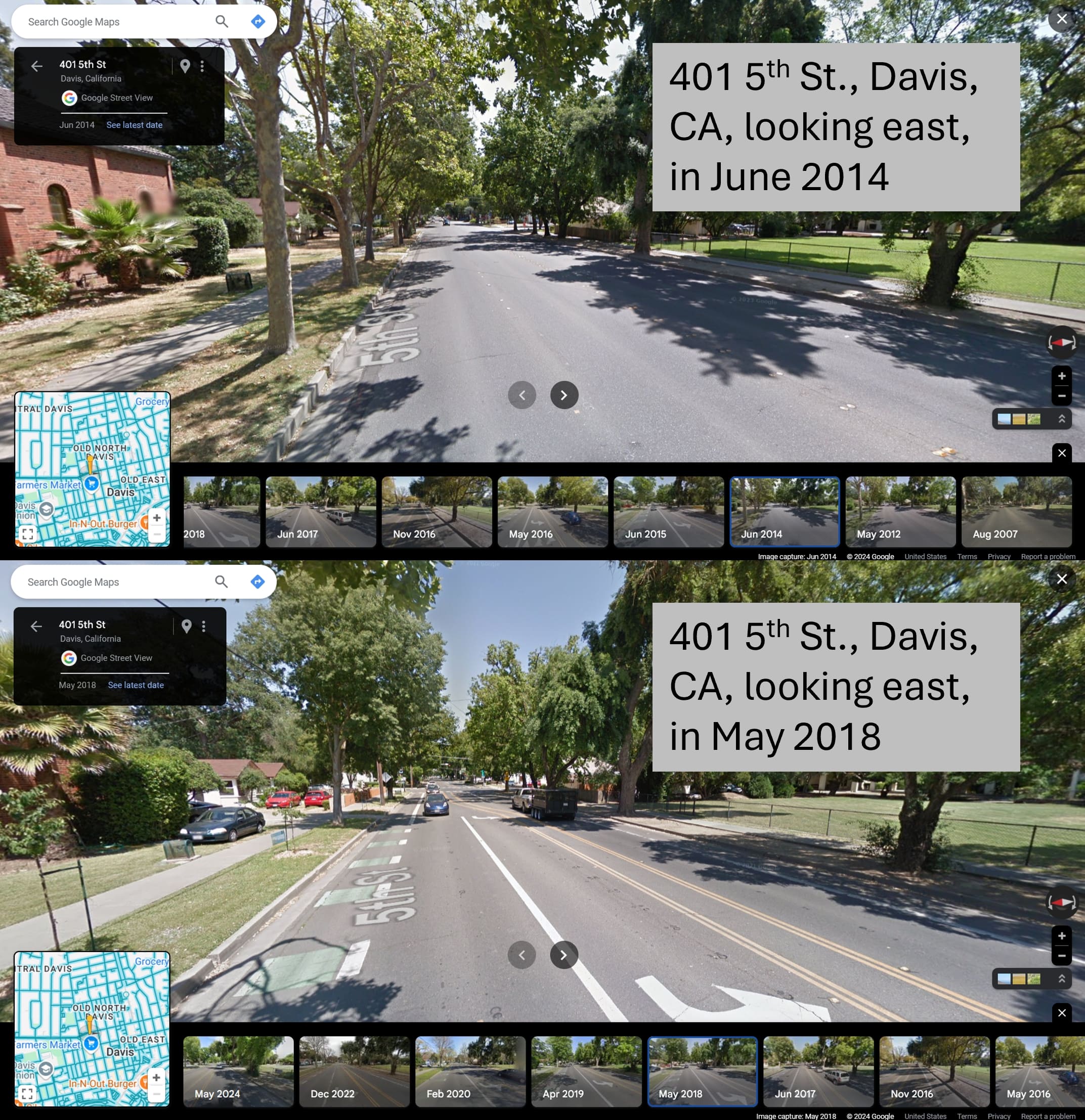 A Google street view image looking east at 401 5th St, Davis, CA. The top image from June 2015 shows four driving lanes with no bike lanes. The bottom image from 2018 shows the newly installed bike lanes with only one lane in each direction and a turn lane.